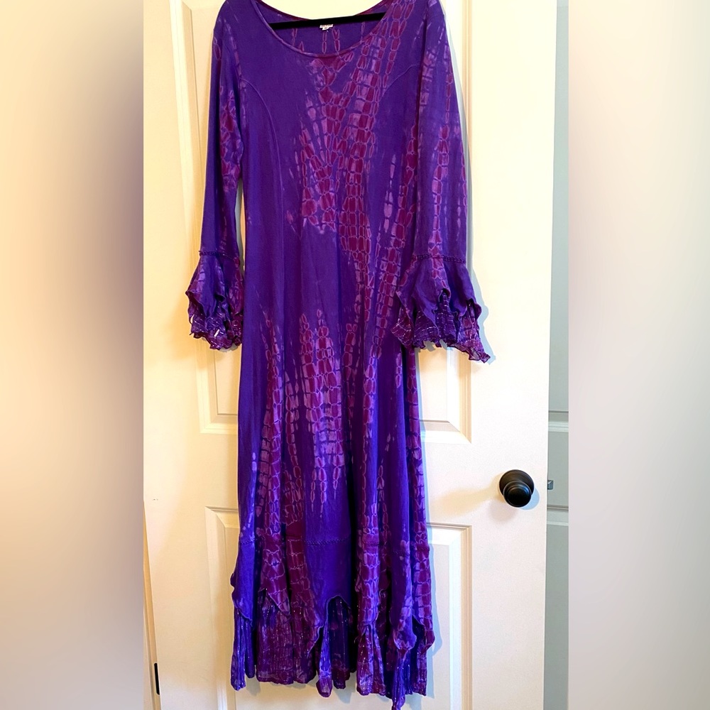 OOAK hand dyed maxi dress with flutter sleeves and hem in purple size M